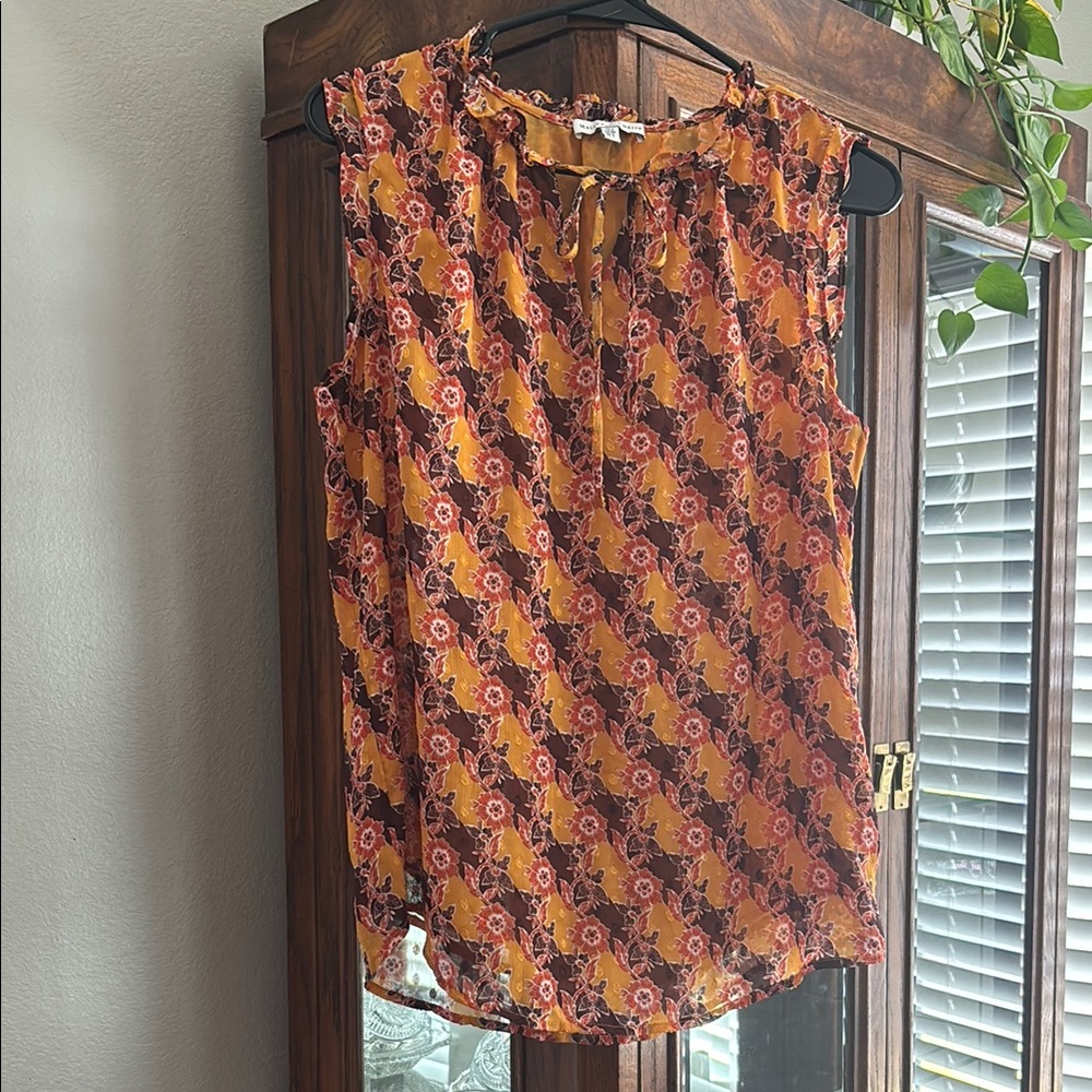 Orange and Brown Floral Ruffled Tie Front Sleeveless Blouse